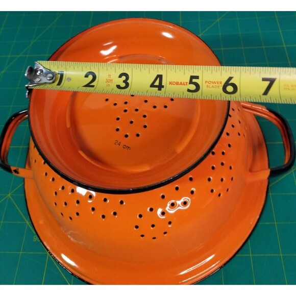 Vintage 1960s Huta Silesia Orange Colander Enamelware Strainer Black Trim - Picture 4 of 7